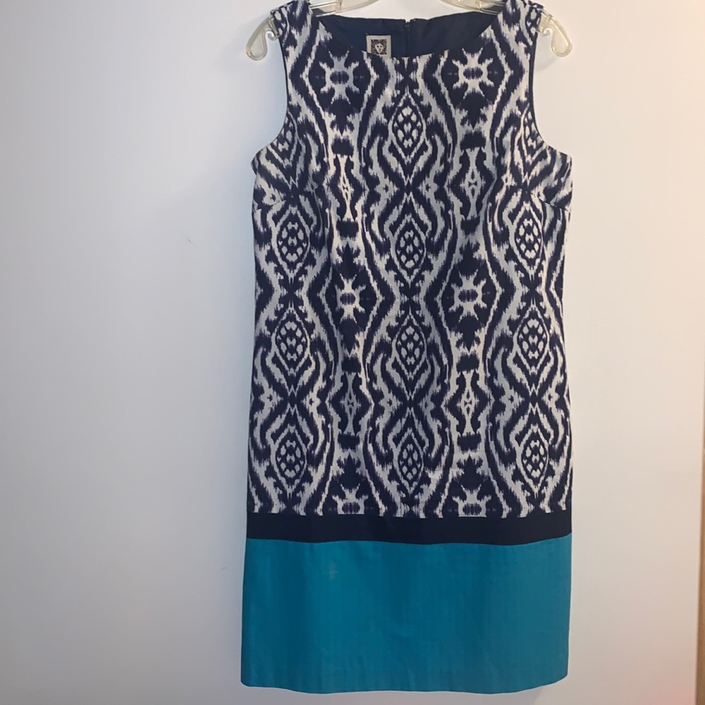 Anne Klein Sleeveless Cotton Sheath Sun Dress Geometric Print Blue Teal Size 8